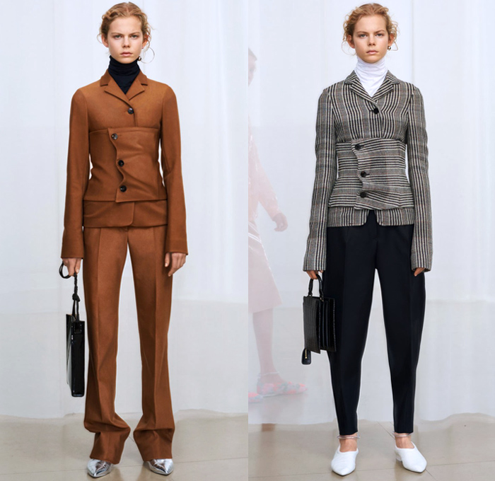 Jil Sander 2018 Pre Fall Autumn Womens Lookbook Presentation - Oversized Outerwear Parka Blazer Quilted Puffer Down Coat Pantsuit Turtleneck Vest Leather Tailoring Elongated Asymmetrical Angular Handkerchief Hem Wide Band Corset Fold Over Wrap Cargo Pockets Cinch Brocade Jacquard Flowers Floral Plaid Check Wool Knit Crochet Scarf Buttons Blouse Shirt Plastic Bedazzled Sequins Spangles Paillettes Dress Skirt Leggings Fringes Fanny Pack Waist Pouch Belt Bag Handbag Ballerina Shoes