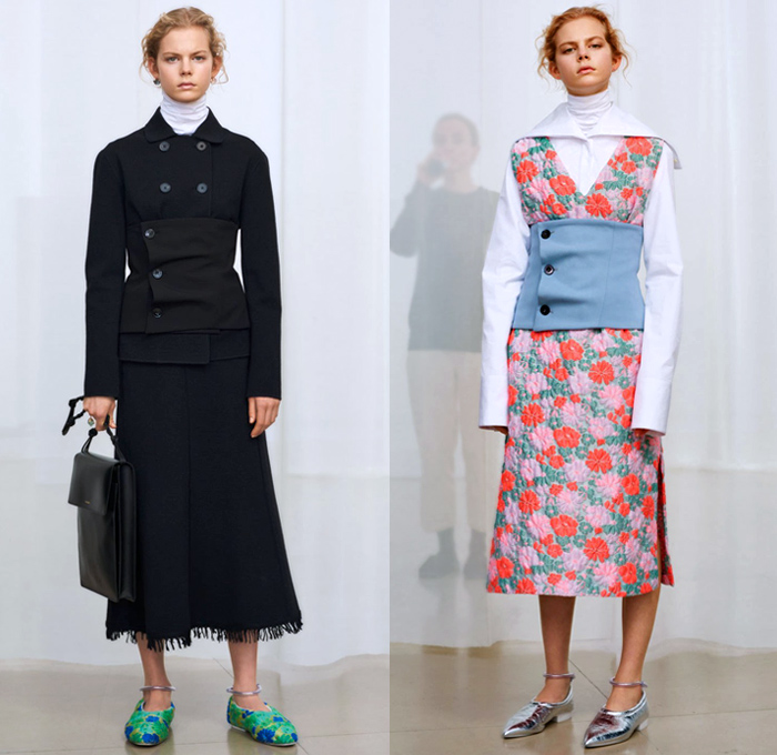 Jil Sander 2018 Pre Fall Autumn Womens Lookbook Presentation - Oversized Outerwear Parka Blazer Quilted Puffer Down Coat Pantsuit Turtleneck Vest Leather Tailoring Elongated Asymmetrical Angular Handkerchief Hem Wide Band Corset Fold Over Wrap Cargo Pockets Cinch Brocade Jacquard Flowers Floral Plaid Check Wool Knit Crochet Scarf Buttons Blouse Shirt Plastic Bedazzled Sequins Spangles Paillettes Dress Skirt Leggings Fringes Fanny Pack Waist Pouch Belt Bag Handbag Ballerina Shoes