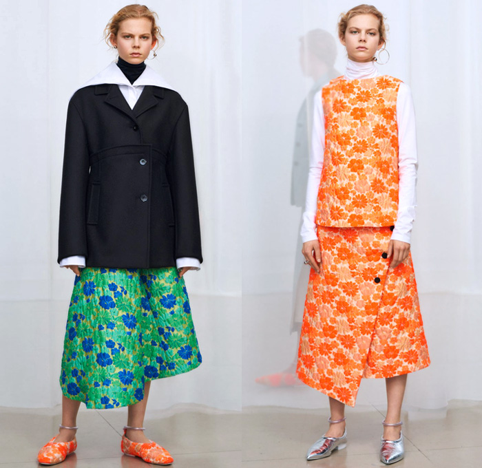 Jil Sander 2018 Pre Fall Autumn Womens Lookbook Presentation - Oversized Outerwear Parka Blazer Quilted Puffer Down Coat Pantsuit Turtleneck Vest Leather Tailoring Elongated Asymmetrical Angular Handkerchief Hem Wide Band Corset Fold Over Wrap Cargo Pockets Cinch Brocade Jacquard Flowers Floral Plaid Check Wool Knit Crochet Scarf Buttons Blouse Shirt Plastic Bedazzled Sequins Spangles Paillettes Dress Skirt Leggings Fringes Fanny Pack Waist Pouch Belt Bag Handbag Ballerina Shoes