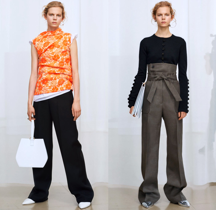 Jil Sander 2018 Pre Fall Autumn Womens Lookbook Presentation - Oversized Outerwear Parka Blazer Quilted Puffer Down Coat Pantsuit Turtleneck Vest Leather Tailoring Elongated Asymmetrical Angular Handkerchief Hem Wide Band Corset Fold Over Wrap Cargo Pockets Cinch Brocade Jacquard Flowers Floral Plaid Check Wool Knit Crochet Scarf Buttons Blouse Shirt Plastic Bedazzled Sequins Spangles Paillettes Dress Skirt Leggings Fringes Fanny Pack Waist Pouch Belt Bag Handbag Ballerina Shoes