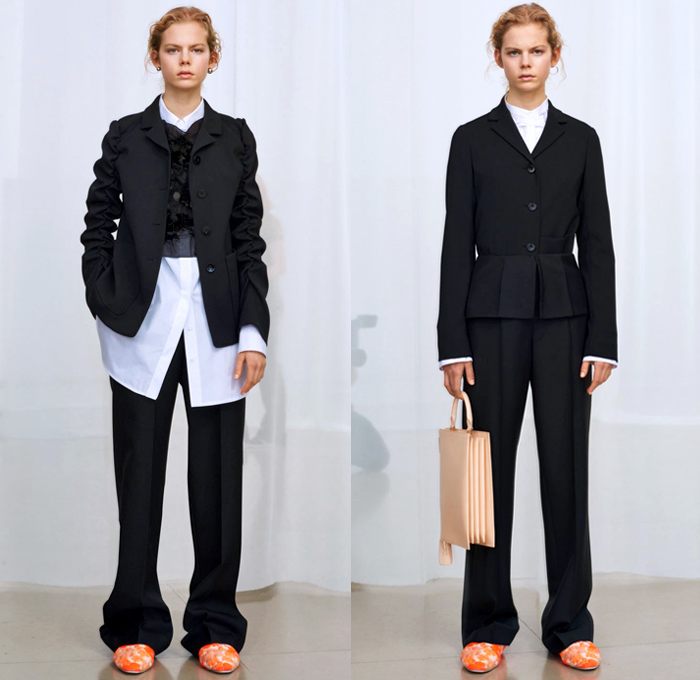 Jil Sander 2018 Pre Fall Autumn Womens Lookbook Presentation - Oversized Outerwear Parka Blazer Quilted Puffer Down Coat Pantsuit Turtleneck Vest Leather Tailoring Elongated Asymmetrical Angular Handkerchief Hem Wide Band Corset Fold Over Wrap Cargo Pockets Cinch Brocade Jacquard Flowers Floral Plaid Check Wool Knit Crochet Scarf Buttons Blouse Shirt Plastic Bedazzled Sequins Spangles Paillettes Dress Skirt Leggings Fringes Fanny Pack Waist Pouch Belt Bag Handbag Ballerina Shoes