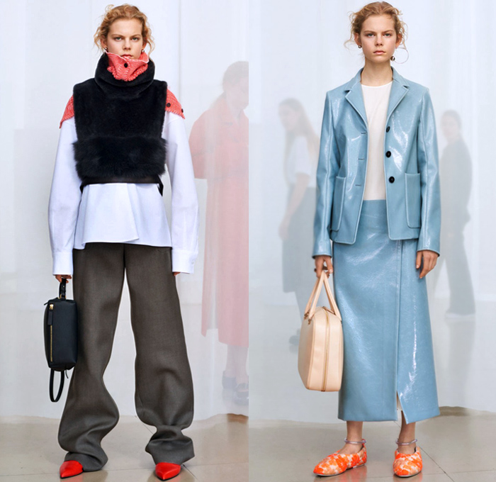 Jil Sander 2018 Pre Fall Autumn Womens Lookbook Presentation - Oversized Outerwear Parka Blazer Quilted Puffer Down Coat Pantsuit Turtleneck Vest Leather Tailoring Elongated Asymmetrical Angular Handkerchief Hem Wide Band Corset Fold Over Wrap Cargo Pockets Cinch Brocade Jacquard Flowers Floral Plaid Check Wool Knit Crochet Scarf Buttons Blouse Shirt Plastic Bedazzled Sequins Spangles Paillettes Dress Skirt Leggings Fringes Fanny Pack Waist Pouch Belt Bag Handbag Ballerina Shoes