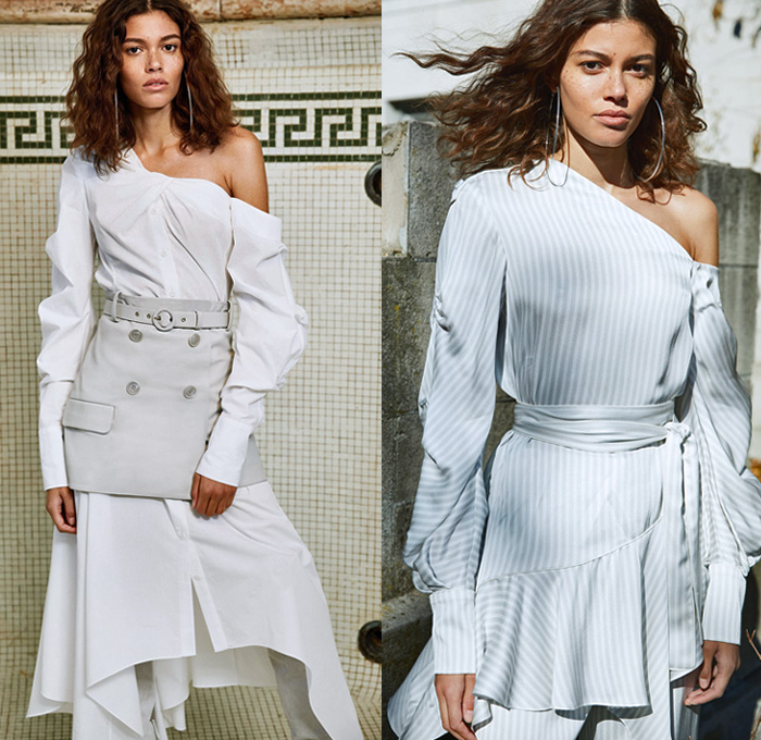 Jonathan Simkhai 2018 Pre Fall Autumn Womens Lookbook Presentation - Denim Jeans Jacket Straps Cinch Bell Sleeves Noodle Strap Flare Turtleneck Strapless Trenchdress One Shoulder Shirting Tailored Shirtdress Robe Trench Coat Sleepwear Lounge Cutout Sleeves Handkerchief Angular Hem Bell Bottom Belted Waist Onesie Jumpsuit Coveralls Pantsuit Satin Wrap Around Tie Up Waist Knot Holes Stripes Butterfly Cinch Lace Mesh Sheer Chiffon Velvet Wrapped Heels Thigh High Boots