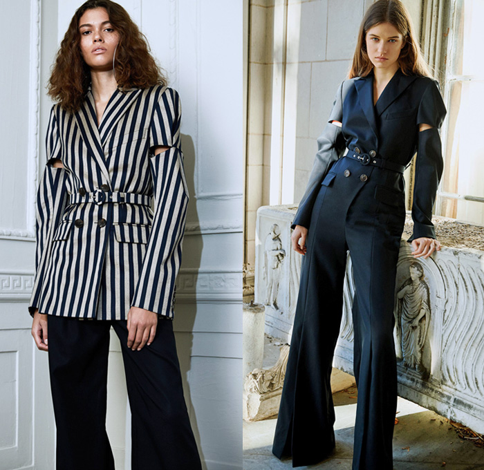 Jonathan Simkhai 2018 Pre Fall Autumn Womens Lookbook Presentation - Denim Jeans Jacket Straps Cinch Bell Sleeves Noodle Strap Flare Turtleneck Strapless Trenchdress One Shoulder Shirting Tailored Shirtdress Robe Trench Coat Sleepwear Lounge Cutout Sleeves Handkerchief Angular Hem Bell Bottom Belted Waist Onesie Jumpsuit Coveralls Pantsuit Satin Wrap Around Tie Up Waist Knot Holes Stripes Butterfly Cinch Lace Mesh Sheer Chiffon Velvet Wrapped Heels Thigh High Boots