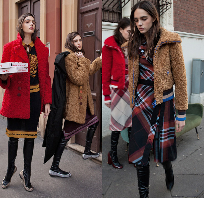 Marco de Vincenzo 2018 Pre Fall Autumn Womens Lookbook Presentation - Outerwear Coat Plush Fur Shearling Bomber Varsity Jacket Pantsuit Plaid Tartan Check Geometric Gradient Ombre Disco Accordion Pleats Stripes Mesh Grid Lace Fringes Long Sleeve Blouse Shirt Metallic Sheen Noodle Strap Shirtdress Turtleneck Knit Sweater Cardigan Bell Sleeves Pencil Skirt Handkerchief Hem Wide Leg Trousers Palazzo Pants Flare PVC Vinyl Leg Warmers Flats Ballet Shoes Tassels Crossbody Handbag Kitten Heels Boots