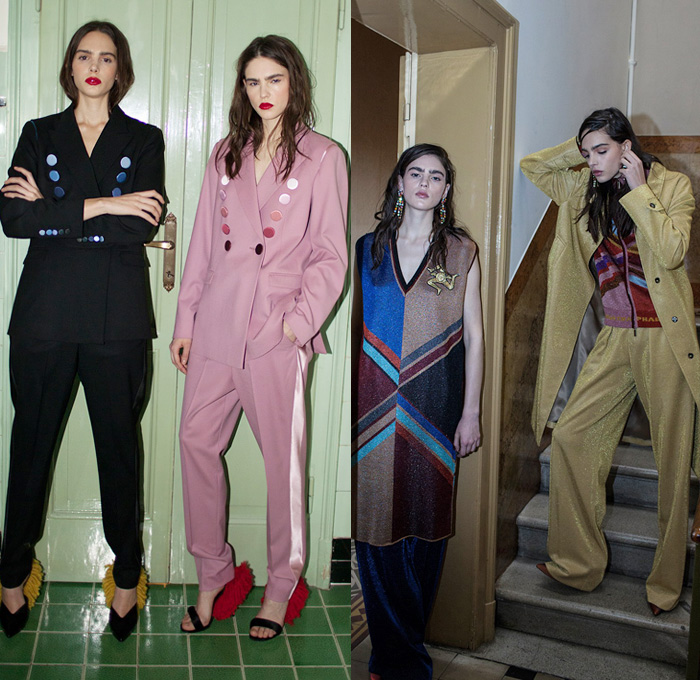 Marco de Vincenzo 2018 Pre Fall Autumn Womens Lookbook Presentation - Outerwear Coat Plush Fur Shearling Bomber Varsity Jacket Pantsuit Plaid Tartan Check Geometric Gradient Ombre Disco Accordion Pleats Stripes Mesh Grid Lace Fringes Long Sleeve Blouse Shirt Metallic Sheen Noodle Strap Shirtdress Turtleneck Knit Sweater Cardigan Bell Sleeves Pencil Skirt Handkerchief Hem Wide Leg Trousers Palazzo Pants Flare PVC Vinyl Leg Warmers Flats Ballet Shoes Tassels Crossbody Handbag Kitten Heels Boots