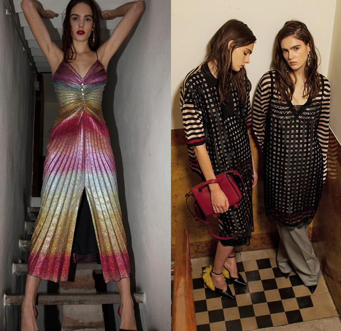 Marco de Vincenzo 2018 Pre Fall Autumn Womens Lookbook Presentation - Outerwear Coat Plush Fur Shearling Bomber Varsity Jacket Pantsuit Plaid Tartan Check Geometric Gradient Ombre Disco Accordion Pleats Stripes Mesh Grid Lace Fringes Long Sleeve Blouse Shirt Metallic Sheen Noodle Strap Shirtdress Turtleneck Knit Sweater Cardigan Bell Sleeves Pencil Skirt Handkerchief Hem Wide Leg Trousers Palazzo Pants Flare PVC Vinyl Leg Warmers Flats Ballet Shoes Tassels Crossbody Handbag Kitten Heels Boots