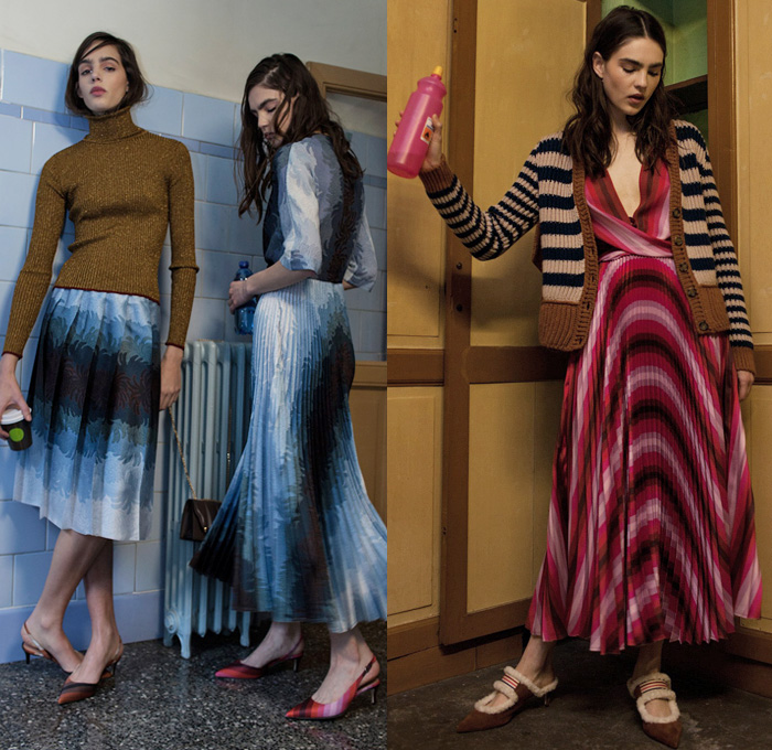 Marco de Vincenzo 2018 Pre Fall Autumn Womens Lookbook Presentation - Outerwear Coat Plush Fur Shearling Bomber Varsity Jacket Pantsuit Plaid Tartan Check Geometric Gradient Ombre Disco Accordion Pleats Stripes Mesh Grid Lace Fringes Long Sleeve Blouse Shirt Metallic Sheen Noodle Strap Shirtdress Turtleneck Knit Sweater Cardigan Bell Sleeves Pencil Skirt Handkerchief Hem Wide Leg Trousers Palazzo Pants Flare PVC Vinyl Leg Warmers Flats Ballet Shoes Tassels Crossbody Handbag Kitten Heels Boots