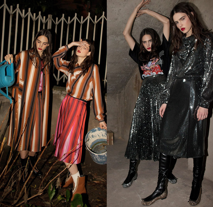 Marco de Vincenzo 2018 Pre Fall Autumn Womens Lookbook Presentation - Outerwear Coat Plush Fur Shearling Bomber Varsity Jacket Pantsuit Plaid Tartan Check Geometric Gradient Ombre Disco Accordion Pleats Stripes Mesh Grid Lace Fringes Long Sleeve Blouse Shirt Metallic Sheen Noodle Strap Shirtdress Turtleneck Knit Sweater Cardigan Bell Sleeves Pencil Skirt Handkerchief Hem Wide Leg Trousers Palazzo Pants Flare PVC Vinyl Leg Warmers Flats Ballet Shoes Tassels Crossbody Handbag Kitten Heels Boots