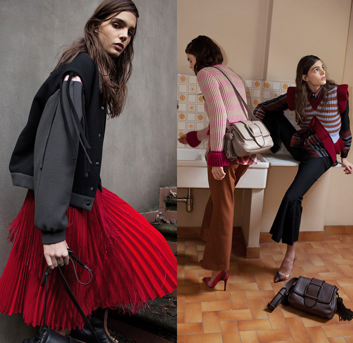 Marco de Vincenzo 2018 Pre Fall Autumn Womens Lookbook Presentation - Outerwear Coat Plush Fur Shearling Bomber Varsity Jacket Pantsuit Plaid Tartan Check Geometric Gradient Ombre Disco Accordion Pleats Stripes Mesh Grid Lace Fringes Long Sleeve Blouse Shirt Metallic Sheen Noodle Strap Shirtdress Turtleneck Knit Sweater Cardigan Bell Sleeves Pencil Skirt Handkerchief Hem Wide Leg Trousers Palazzo Pants Flare PVC Vinyl Leg Warmers Flats Ballet Shoes Tassels Crossbody Handbag Kitten Heels Boots