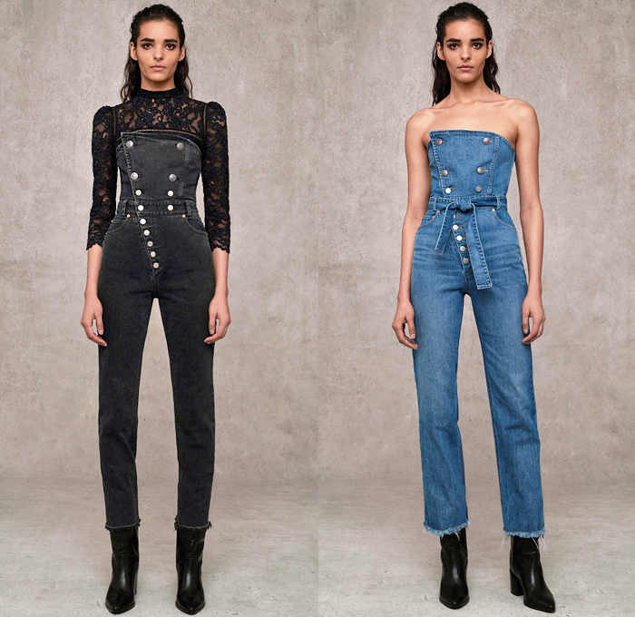 Marissa Webb 2018 Pre Fall Autumn Womens Lookbook Presentation - Denim Jeans Outerwear Trench Coat Buttons Double Breasted Frayed Raw Hem Paper Bag Waist Slim Tapered Peel Away Fold Over Sailor Pants Strapless Tie Up Waist Blouse Onesie Jumpsuit Coveralls Playsuit Cap Sleeve Knit Sweater Cardigan Noodle Strap Halterneck Lace Embroidery Needlework Velvet Camouflage Pinstripe Flowers Floral Dress Tiered Skirt Wide Leg Trousers Palazzo Pants Leggings Tights Leather Boots