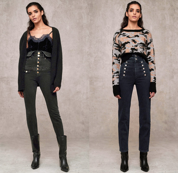 Marissa Webb 2018 Pre Fall Autumn Womens Lookbook Presentation - Denim Jeans Outerwear Trench Coat Buttons Double Breasted Frayed Raw Hem Paper Bag Waist Slim Tapered Peel Away Fold Over Sailor Pants Strapless Tie Up Waist Blouse Onesie Jumpsuit Coveralls Playsuit Cap Sleeve Knit Sweater Cardigan Noodle Strap Halterneck Lace Embroidery Needlework Velvet Camouflage Pinstripe Flowers Floral Dress Tiered Skirt Wide Leg Trousers Palazzo Pants Leggings Tights Leather Boots
