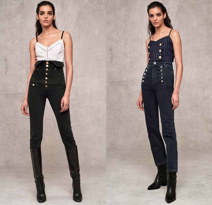 Marissa Webb 2018 Pre Fall Autumn Womens Lookbook Presentation - Denim Jeans Outerwear Trench Coat Buttons Double Breasted Frayed Raw Hem Paper Bag Waist Slim Tapered Peel Away Fold Over Sailor Pants Strapless Tie Up Waist Blouse Onesie Jumpsuit Coveralls Playsuit Cap Sleeve Knit Sweater Cardigan Noodle Strap Halterneck Lace Embroidery Needlework Velvet Camouflage Pinstripe Flowers Floral Dress Tiered Skirt Wide Leg Trousers Palazzo Pants Leggings Tights Leather Boots