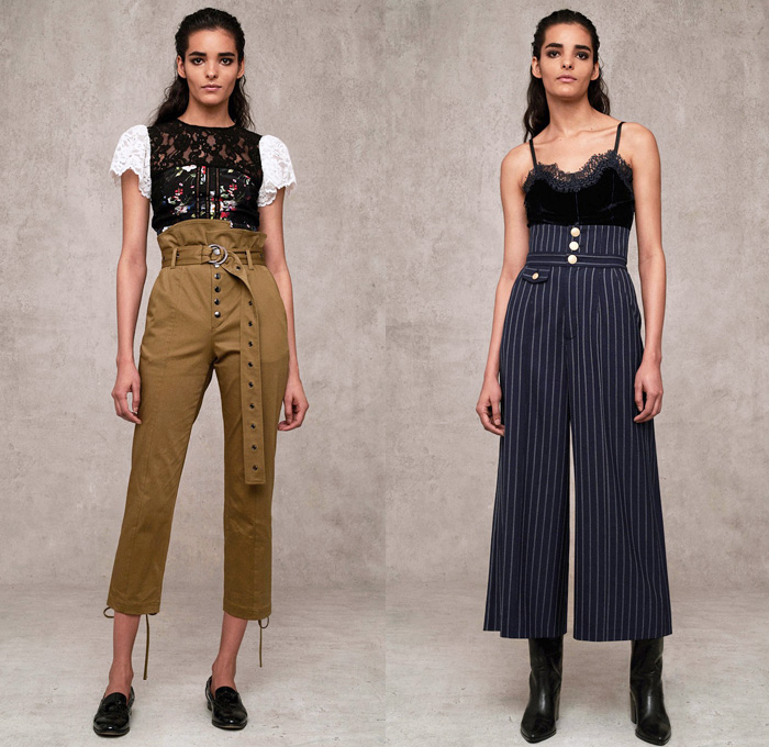 Marissa Webb 2018 Pre Fall Autumn Womens Lookbook Presentation - Denim Jeans Outerwear Trench Coat Buttons Double Breasted Frayed Raw Hem Paper Bag Waist Slim Tapered Peel Away Fold Over Sailor Pants Strapless Tie Up Waist Blouse Onesie Jumpsuit Coveralls Playsuit Cap Sleeve Knit Sweater Cardigan Noodle Strap Halterneck Lace Embroidery Needlework Velvet Camouflage Pinstripe Flowers Floral Dress Tiered Skirt Wide Leg Trousers Palazzo Pants Leggings Tights Leather Boots