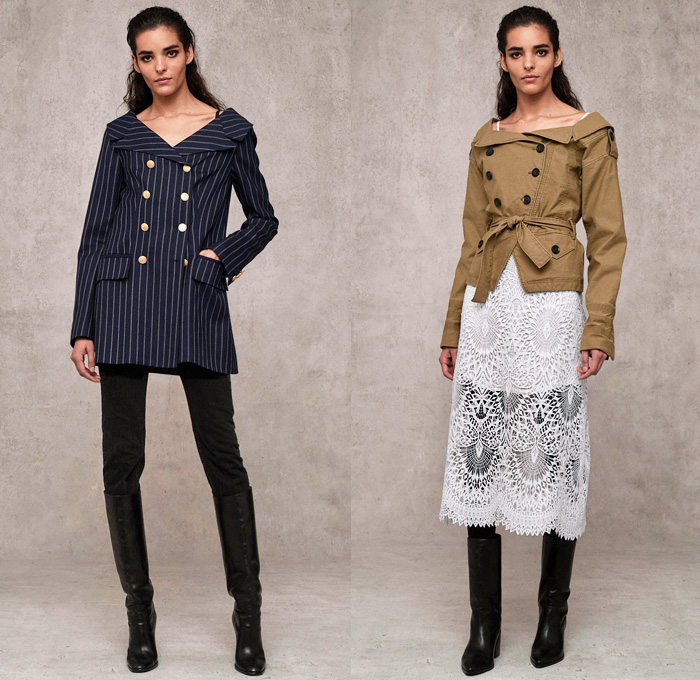 Marissa Webb 2018 Pre Fall Autumn Womens Lookbook Presentation - Denim Jeans Outerwear Trench Coat Buttons Double Breasted Frayed Raw Hem Paper Bag Waist Slim Tapered Peel Away Fold Over Sailor Pants Strapless Tie Up Waist Blouse Onesie Jumpsuit Coveralls Playsuit Cap Sleeve Knit Sweater Cardigan Noodle Strap Halterneck Lace Embroidery Needlework Velvet Camouflage Pinstripe Flowers Floral Dress Tiered Skirt Wide Leg Trousers Palazzo Pants Leggings Tights Leather Boots