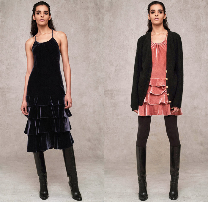 Marissa Webb 2018 Pre Fall Autumn Womens Lookbook Presentation - Denim Jeans Outerwear Trench Coat Buttons Double Breasted Frayed Raw Hem Paper Bag Waist Slim Tapered Peel Away Fold Over Sailor Pants Strapless Tie Up Waist Blouse Onesie Jumpsuit Coveralls Playsuit Cap Sleeve Knit Sweater Cardigan Noodle Strap Halterneck Lace Embroidery Needlework Velvet Camouflage Pinstripe Flowers Floral Dress Tiered Skirt Wide Leg Trousers Palazzo Pants Leggings Tights Leather Boots