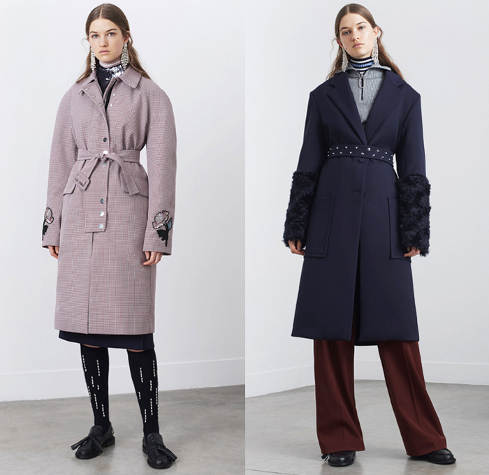 Markus Lupfer 2018 Pre Fall Autumn Womens Lookbook Presentation - Outerwear Overcoat Chunky Knit Sweater Turtleneck Plush Fur V-Neck Cardigan Bomber Jacket Long Sleeve Blouse Shirt Flowers Floral Motif Embroidery Bedazzled Gemstones Sequins Herringbone Check Prismatic Polygon Cubic Sheer Chiffon Cinch Pleats Spots Velour Velvet Ruffles Frills Lips Kiss Asymmetrical Hem Maxi Dress Slouchy Pants Trousers Midi Skirt Socks Loafers Tassels Earrings Ribbon Strap Zipper