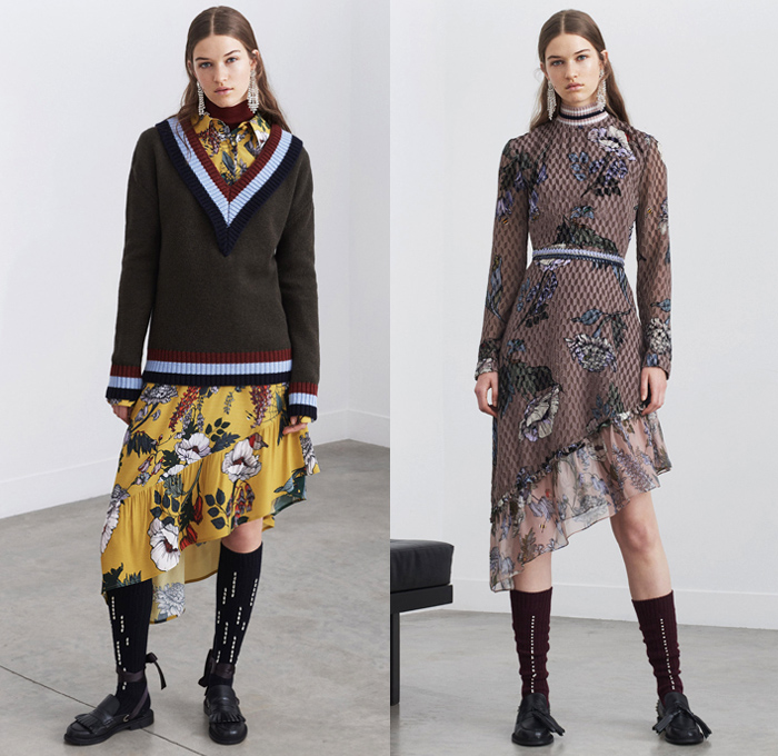 Markus Lupfer 2018 Pre Fall Autumn Womens Lookbook Presentation - Outerwear Overcoat Chunky Knit Sweater Turtleneck Plush Fur V-Neck Cardigan Bomber Jacket Long Sleeve Blouse Shirt Flowers Floral Motif Embroidery Bedazzled Gemstones Sequins Herringbone Check Prismatic Polygon Cubic Sheer Chiffon Cinch Pleats Spots Velour Velvet Ruffles Frills Lips Kiss Asymmetrical Hem Maxi Dress Slouchy Pants Trousers Midi Skirt Socks Loafers Tassels Earrings Ribbon Strap Zipper