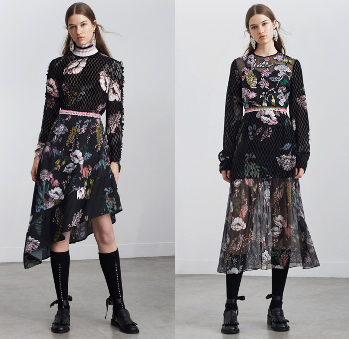 Markus Lupfer 2018 Pre Fall Autumn Womens Lookbook Presentation - Outerwear Overcoat Chunky Knit Sweater Turtleneck Plush Fur V-Neck Cardigan Bomber Jacket Long Sleeve Blouse Shirt Flowers Floral Motif Embroidery Bedazzled Gemstones Sequins Herringbone Check Prismatic Polygon Cubic Sheer Chiffon Cinch Pleats Spots Velour Velvet Ruffles Frills Lips Kiss Asymmetrical Hem Maxi Dress Slouchy Pants Trousers Midi Skirt Socks Loafers Tassels Earrings Ribbon Strap Zipper