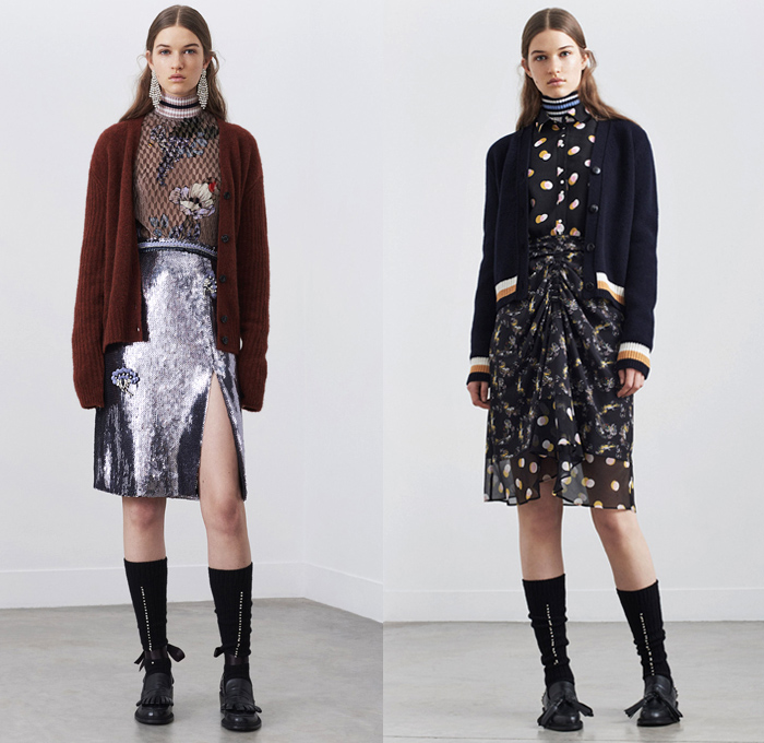 Markus Lupfer 2018 Pre Fall Autumn Womens Lookbook Presentation - Outerwear Overcoat Chunky Knit Sweater Turtleneck Plush Fur V-Neck Cardigan Bomber Jacket Long Sleeve Blouse Shirt Flowers Floral Motif Embroidery Bedazzled Gemstones Sequins Herringbone Check Prismatic Polygon Cubic Sheer Chiffon Cinch Pleats Spots Velour Velvet Ruffles Frills Lips Kiss Asymmetrical Hem Maxi Dress Slouchy Pants Trousers Midi Skirt Socks Loafers Tassels Earrings Ribbon Strap Zipper