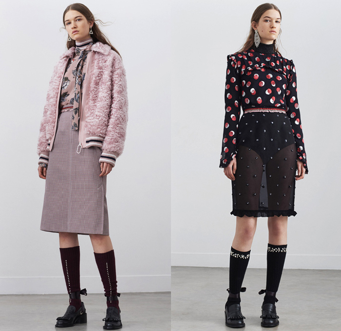 Markus Lupfer 2018 Pre Fall Autumn Womens Lookbook Presentation - Outerwear Overcoat Chunky Knit Sweater Turtleneck Plush Fur V-Neck Cardigan Bomber Jacket Long Sleeve Blouse Shirt Flowers Floral Motif Embroidery Bedazzled Gemstones Sequins Herringbone Check Prismatic Polygon Cubic Sheer Chiffon Cinch Pleats Spots Velour Velvet Ruffles Frills Lips Kiss Asymmetrical Hem Maxi Dress Slouchy Pants Trousers Midi Skirt Socks Loafers Tassels Earrings Ribbon Strap Zipper