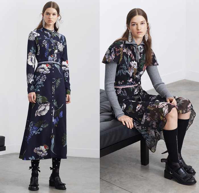 Markus Lupfer 2018 Pre Fall Autumn Womens Lookbook Presentation - Outerwear Overcoat Chunky Knit Sweater Turtleneck Plush Fur V-Neck Cardigan Bomber Jacket Long Sleeve Blouse Shirt Flowers Floral Motif Embroidery Bedazzled Gemstones Sequins Herringbone Check Prismatic Polygon Cubic Sheer Chiffon Cinch Pleats Spots Velour Velvet Ruffles Frills Lips Kiss Asymmetrical Hem Maxi Dress Slouchy Pants Trousers Midi Skirt Socks Loafers Tassels Earrings Ribbon Strap Zipper