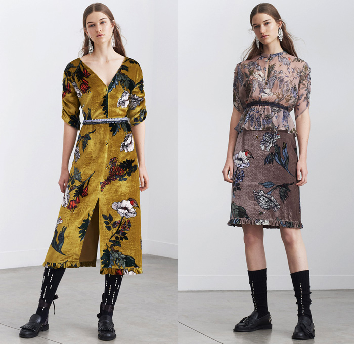 Markus Lupfer 2018 Pre Fall Autumn Womens Lookbook Presentation - Outerwear Overcoat Chunky Knit Sweater Turtleneck Plush Fur V-Neck Cardigan Bomber Jacket Long Sleeve Blouse Shirt Flowers Floral Motif Embroidery Bedazzled Gemstones Sequins Herringbone Check Prismatic Polygon Cubic Sheer Chiffon Cinch Pleats Spots Velour Velvet Ruffles Frills Lips Kiss Asymmetrical Hem Maxi Dress Slouchy Pants Trousers Midi Skirt Socks Loafers Tassels Earrings Ribbon Strap Zipper