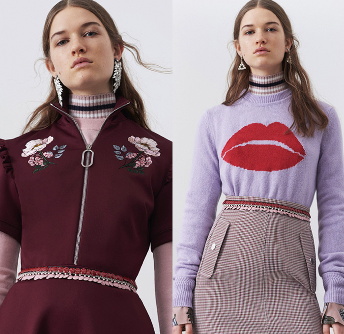 Markus Lupfer 2018 Pre Fall Autumn Womens Lookbook Presentation - Outerwear Overcoat Chunky Knit Sweater Turtleneck Plush Fur V-Neck Cardigan Bomber Jacket Long Sleeve Blouse Shirt Flowers Floral Motif Embroidery Bedazzled Gemstones Sequins Herringbone Check Prismatic Polygon Cubic Sheer Chiffon Cinch Pleats Spots Velour Velvet Ruffles Frills Lips Kiss Asymmetrical Hem Maxi Dress Slouchy Pants Trousers Midi Skirt Socks Loafers Tassels Earrings Ribbon Strap Zipper