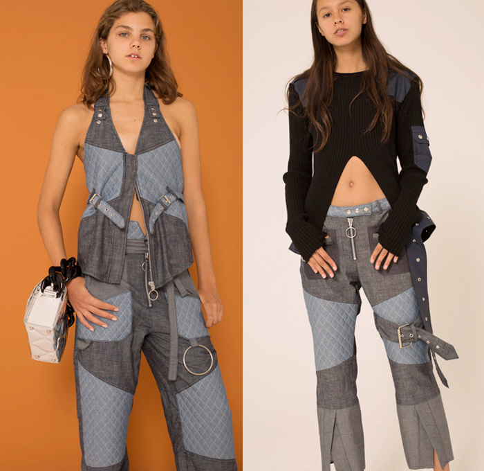 Marques'Almeida 2018 Pre Fall Autumn Womens Lookbook Presentation - Denim Jeans Belts Straps Panels Chambray Frayed Raw Hem Halterneck Quilted Waffle Puffer Down Parka Motorcycle Biker Jacket Fur Shearling Cargo Pockets Lace Up Zipper Cuffs Cinch Vest Bedazzled Sequins Ruffles One Shoulder Flapper Fringes Feathers Noodle Strap Cutout Shoulders Knit Sweaterdress Mesh Bell Sleeves Brocade Flowers Floral Renaissance Art Miniskirt Tiered Sandals Boots Crossbody Sunglasses Chain Micro Bag