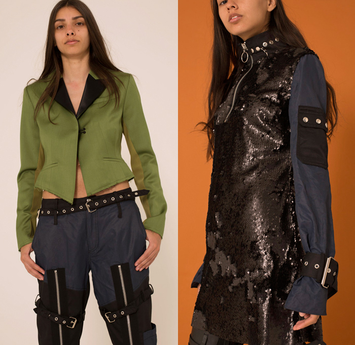 Marques'Almeida 2018 Pre Fall Autumn Womens Lookbook Presentation - Denim Jeans Belts Straps Panels Chambray Frayed Raw Hem Halterneck Quilted Waffle Puffer Down Parka Motorcycle Biker Jacket Fur Shearling Cargo Pockets Lace Up Zipper Cuffs Cinch Vest Bedazzled Sequins Ruffles One Shoulder Flapper Fringes Feathers Noodle Strap Cutout Shoulders Knit Sweaterdress Mesh Bell Sleeves Brocade Flowers Floral Renaissance Art Miniskirt Tiered Sandals Boots Crossbody Sunglasses Chain Micro Bag