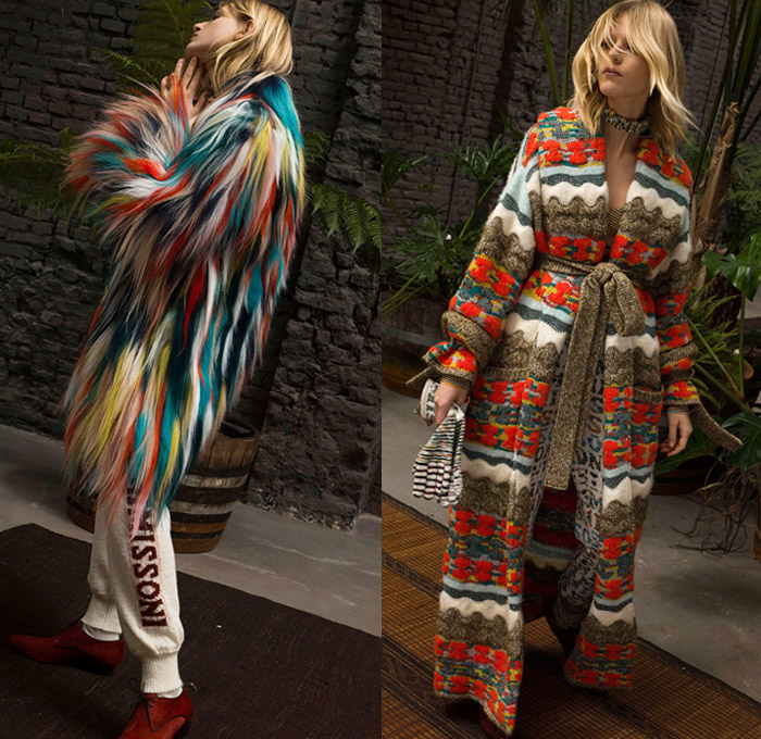 Missoni 2018 Pre Fall Autumn Womens Lookbook Presentation - Fringes Decorative Art Tribal Ethnic Folk Knit Crochet Basketweave Tweed Wool Check Bedazzled Spangles Paillettes Flowers Floral Stripes Zigzag Outerwear Overcoat Bathrobe Sweater Turtleneck Vest Cardigan Shaggy Plush Fur Shearling Pantsuit Maxi Dress Onesie Jumpsuit Coveralls Wide Leg Trousers Palazzo Pants Leggings Tights Stockings Hosiery Long Skirt Jogger Sweatpants Scarf Gloves Mittens Knit Cap Beanie Brogues Fur Belt Floppy Hat