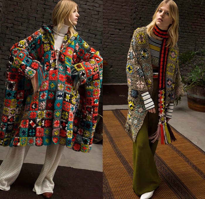 Missoni 2018 Pre Fall Autumn Womens Lookbook Presentation - Fringes Decorative Art Tribal Ethnic Folk Knit Crochet Basketweave Tweed Wool Check Bedazzled Spangles Paillettes Flowers Floral Stripes Zigzag Outerwear Overcoat Bathrobe Sweater Turtleneck Vest Cardigan Shaggy Plush Fur Shearling Pantsuit Maxi Dress Onesie Jumpsuit Coveralls Wide Leg Trousers Palazzo Pants Leggings Tights Stockings Hosiery Long Skirt Jogger Sweatpants Scarf Gloves Mittens Knit Cap Beanie Brogues Fur Belt Floppy Hat