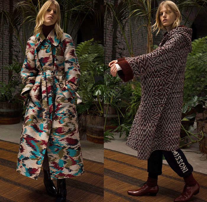 Missoni 2018 Pre Fall Autumn Womens Lookbook Presentation - Fringes Decorative Art Tribal Ethnic Folk Knit Crochet Basketweave Tweed Wool Check Bedazzled Spangles Paillettes Flowers Floral Stripes Zigzag Outerwear Overcoat Bathrobe Sweater Turtleneck Vest Cardigan Shaggy Plush Fur Shearling Pantsuit Maxi Dress Onesie Jumpsuit Coveralls Wide Leg Trousers Palazzo Pants Leggings Tights Stockings Hosiery Long Skirt Jogger Sweatpants Scarf Gloves Mittens Knit Cap Beanie Brogues Fur Belt Floppy Hat