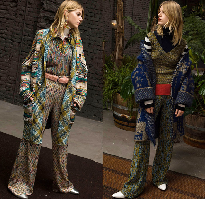 Missoni 2018 Pre Fall Autumn Womens Lookbook Presentation - Fringes Decorative Art Tribal Ethnic Folk Knit Crochet Basketweave Tweed Wool Check Bedazzled Spangles Paillettes Flowers Floral Stripes Zigzag Outerwear Overcoat Bathrobe Sweater Turtleneck Vest Cardigan Shaggy Plush Fur Shearling Pantsuit Maxi Dress Onesie Jumpsuit Coveralls Wide Leg Trousers Palazzo Pants Leggings Tights Stockings Hosiery Long Skirt Jogger Sweatpants Scarf Gloves Mittens Knit Cap Beanie Brogues Fur Belt Floppy Hat