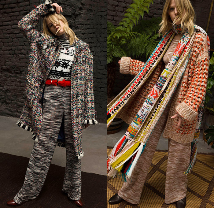 Missoni 2018 Pre Fall Autumn Womens Lookbook Presentation - Fringes Decorative Art Tribal Ethnic Folk Knit Crochet Basketweave Tweed Wool Check Bedazzled Spangles Paillettes Flowers Floral Stripes Zigzag Outerwear Overcoat Bathrobe Sweater Turtleneck Vest Cardigan Shaggy Plush Fur Shearling Pantsuit Maxi Dress Onesie Jumpsuit Coveralls Wide Leg Trousers Palazzo Pants Leggings Tights Stockings Hosiery Long Skirt Jogger Sweatpants Scarf Gloves Mittens Knit Cap Beanie Brogues Fur Belt Floppy Hat