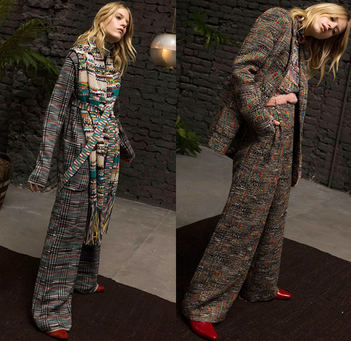 Missoni 2018 Pre Fall Autumn Womens Lookbook Presentation - Fringes Decorative Art Tribal Ethnic Folk Knit Crochet Basketweave Tweed Wool Check Bedazzled Spangles Paillettes Flowers Floral Stripes Zigzag Outerwear Overcoat Bathrobe Sweater Turtleneck Vest Cardigan Shaggy Plush Fur Shearling Pantsuit Maxi Dress Onesie Jumpsuit Coveralls Wide Leg Trousers Palazzo Pants Leggings Tights Stockings Hosiery Long Skirt Jogger Sweatpants Scarf Gloves Mittens Knit Cap Beanie Brogues Fur Belt Floppy Hat