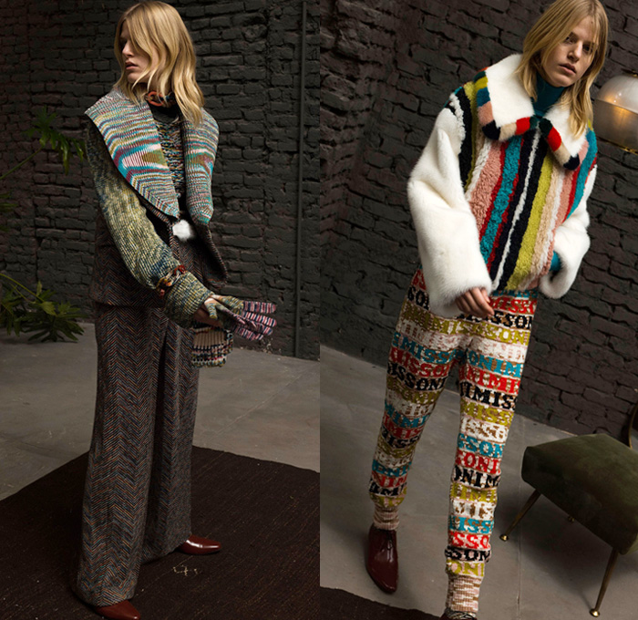 Missoni 2018 Pre Fall Autumn Womens Lookbook Presentation - Fringes Decorative Art Tribal Ethnic Folk Knit Crochet Basketweave Tweed Wool Check Bedazzled Spangles Paillettes Flowers Floral Stripes Zigzag Outerwear Overcoat Bathrobe Sweater Turtleneck Vest Cardigan Shaggy Plush Fur Shearling Pantsuit Maxi Dress Onesie Jumpsuit Coveralls Wide Leg Trousers Palazzo Pants Leggings Tights Stockings Hosiery Long Skirt Jogger Sweatpants Scarf Gloves Mittens Knit Cap Beanie Brogues Fur Belt Floppy Hat