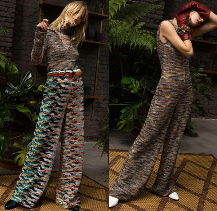 Missoni 2018 Pre Fall Autumn Womens Lookbook Presentation - Fringes Decorative Art Tribal Ethnic Folk Knit Crochet Basketweave Tweed Wool Check Bedazzled Spangles Paillettes Flowers Floral Stripes Zigzag Outerwear Overcoat Bathrobe Sweater Turtleneck Vest Cardigan Shaggy Plush Fur Shearling Pantsuit Maxi Dress Onesie Jumpsuit Coveralls Wide Leg Trousers Palazzo Pants Leggings Tights Stockings Hosiery Long Skirt Jogger Sweatpants Scarf Gloves Mittens Knit Cap Beanie Brogues Fur Belt Floppy Hat