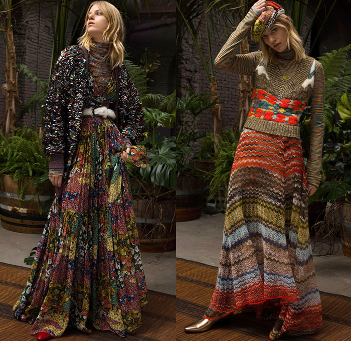 Missoni 2018 Pre Fall Autumn Womens Lookbook Presentation - Fringes Decorative Art Tribal Ethnic Folk Knit Crochet Basketweave Tweed Wool Check Bedazzled Spangles Paillettes Flowers Floral Stripes Zigzag Outerwear Overcoat Bathrobe Sweater Turtleneck Vest Cardigan Shaggy Plush Fur Shearling Pantsuit Maxi Dress Onesie Jumpsuit Coveralls Wide Leg Trousers Palazzo Pants Leggings Tights Stockings Hosiery Long Skirt Jogger Sweatpants Scarf Gloves Mittens Knit Cap Beanie Brogues Fur Belt Floppy Hat