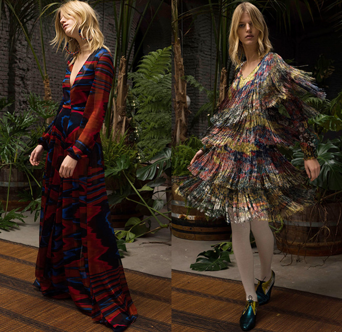 Missoni 2018 Pre Fall Autumn Womens Lookbook Presentation - Fringes Decorative Art Tribal Ethnic Folk Knit Crochet Basketweave Tweed Wool Check Bedazzled Spangles Paillettes Flowers Floral Stripes Zigzag Outerwear Overcoat Bathrobe Sweater Turtleneck Vest Cardigan Shaggy Plush Fur Shearling Pantsuit Maxi Dress Onesie Jumpsuit Coveralls Wide Leg Trousers Palazzo Pants Leggings Tights Stockings Hosiery Long Skirt Jogger Sweatpants Scarf Gloves Mittens Knit Cap Beanie Brogues Fur Belt Floppy Hat