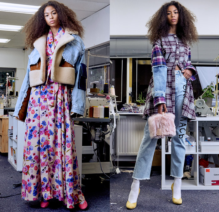 Natasha Zinko 2018 Pre Fall Autumn Womens Lookbook Presentation - Denim Jeans Cargo Pockets Torn Detachable Sleeve Frayed Cutoffs Shorts Shearling Flowers Floral Plaid Tartan Check Ruffles Script Bedazzled Sequins Spangles Paillettes Bustier Sweatshirt Strapless Peacoat Quilted Waffle Puffer Down Jacket Overcoat Maxi Dress Georgette Gown Jogger Sweatpants Mismatch Leggings Stockings Asymmetrical Wide Leg Trousers Palazzo Pants Beanie Knit Cap Furry Bag Furry Handbag Slippers Scarf