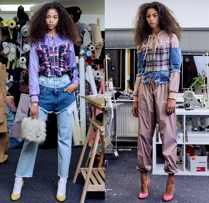 Natasha Zinko 2018 Pre Fall Autumn Womens Lookbook Presentation - Denim Jeans Cargo Pockets Torn Detachable Sleeve Frayed Cutoffs Shorts Shearling Flowers Floral Plaid Tartan Check Ruffles Script Bedazzled Sequins Spangles Paillettes Bustier Sweatshirt Strapless Peacoat Quilted Waffle Puffer Down Jacket Overcoat Maxi Dress Georgette Gown Jogger Sweatpants Mismatch Leggings Stockings Asymmetrical Wide Leg Trousers Palazzo Pants Beanie Knit Cap Furry Bag Furry Handbag Slippers Scarf