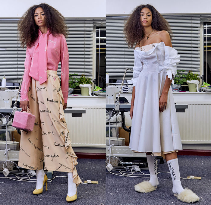 Natasha Zinko 2018 Pre Fall Autumn Womens Lookbook Presentation - Denim Jeans Cargo Pockets Torn Detachable Sleeve Frayed Cutoffs Shorts Shearling Flowers Floral Plaid Tartan Check Ruffles Script Bedazzled Sequins Spangles Paillettes Bustier Sweatshirt Strapless Peacoat Quilted Waffle Puffer Down Jacket Overcoat Maxi Dress Georgette Gown Jogger Sweatpants Mismatch Leggings Stockings Asymmetrical Wide Leg Trousers Palazzo Pants Beanie Knit Cap Furry Bag Furry Handbag Slippers Scarf