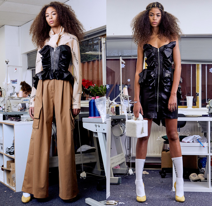 Natasha Zinko 2018 Pre Fall Autumn Womens Lookbook Presentation - Denim Jeans Cargo Pockets Torn Detachable Sleeve Frayed Cutoffs Shorts Shearling Flowers Floral Plaid Tartan Check Ruffles Script Bedazzled Sequins Spangles Paillettes Bustier Sweatshirt Strapless Peacoat Quilted Waffle Puffer Down Jacket Overcoat Maxi Dress Georgette Gown Jogger Sweatpants Mismatch Leggings Stockings Asymmetrical Wide Leg Trousers Palazzo Pants Beanie Knit Cap Furry Bag Furry Handbag Slippers Scarf