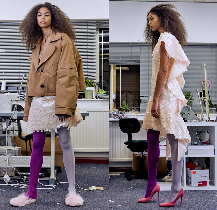 Natasha Zinko 2018 Pre Fall Autumn Womens Lookbook Presentation - Denim Jeans Cargo Pockets Torn Detachable Sleeve Frayed Cutoffs Shorts Shearling Flowers Floral Plaid Tartan Check Ruffles Script Bedazzled Sequins Spangles Paillettes Bustier Sweatshirt Strapless Peacoat Quilted Waffle Puffer Down Jacket Overcoat Maxi Dress Georgette Gown Jogger Sweatpants Mismatch Leggings Stockings Asymmetrical Wide Leg Trousers Palazzo Pants Beanie Knit Cap Furry Bag Furry Handbag Slippers Scarf