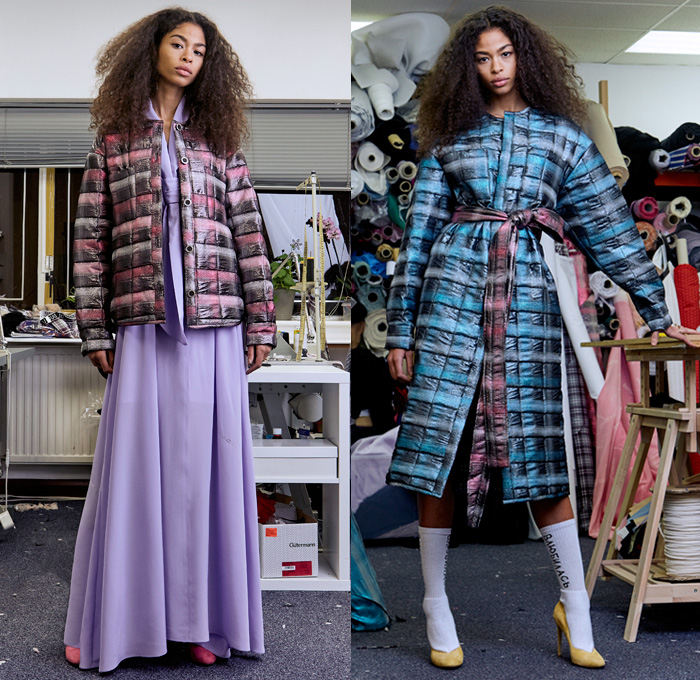 Natasha Zinko 2018 Pre Fall Autumn Womens Lookbook Presentation - Denim Jeans Cargo Pockets Torn Detachable Sleeve Frayed Cutoffs Shorts Shearling Flowers Floral Plaid Tartan Check Ruffles Script Bedazzled Sequins Spangles Paillettes Bustier Sweatshirt Strapless Peacoat Quilted Waffle Puffer Down Jacket Overcoat Maxi Dress Georgette Gown Jogger Sweatpants Mismatch Leggings Stockings Asymmetrical Wide Leg Trousers Palazzo Pants Beanie Knit Cap Furry Bag Furry Handbag Slippers Scarf