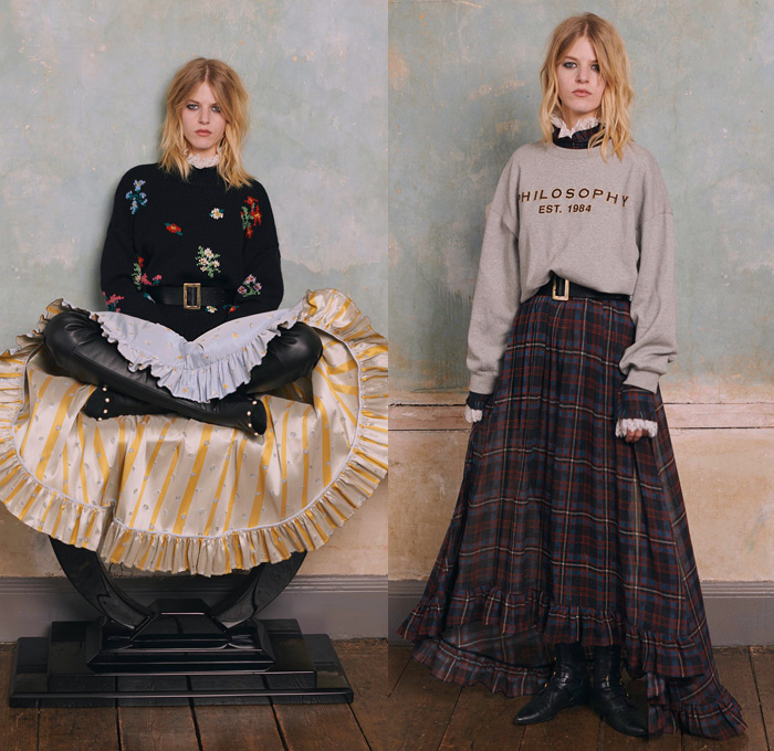 Philosophy di Lorenzo Serafini 2018 Pre Fall Autumn Womens Lookbook Presentation - Outerwear Overcoat Blazer Knit Sweater Leopard Plaid Tartan Check Lace Needlework Ruffles Polka Dots Velvet Mesh Pearls Flowers Floral Garden Squirrels Decorative Art Stripes High Waist Stockings Fishnet Shorts Maxi Dress Goddess Gown Eveningwear Strapless Long Skirt Shawl Scarf Straps Belts Boots Pouch