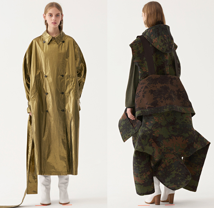 Ports 1961 2018 Pre Fall Autumn Womens Lookbook Presentation - Oversized Outerwear Trench Coat Long Overcoat Parka Blazer Double Triple Lapel Knit Blouse Sweater Shirtdress Cutout Sleeves Turtleneck Metallic Foil Leaves Foliage Metal Rings Fringes Leopard Zebra Stripes Stripes Checkerboard Picnic Check Buttoned Panel Ruffles Pleats Angular Handkerchief Hem Maxi Dress Elongated Hem Cropped Pants Boots Tote Handbag