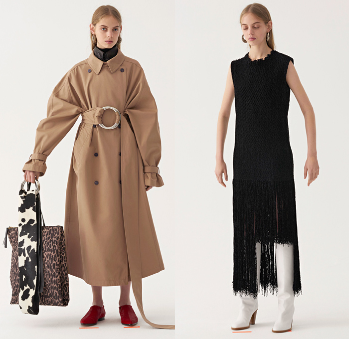 Ports 1961 2018 Pre Fall Autumn Womens Lookbook Presentation - Oversized Outerwear Trench Coat Long Overcoat Parka Blazer Double Triple Lapel Knit Blouse Sweater Shirtdress Cutout Sleeves Turtleneck Metallic Foil Leaves Foliage Metal Rings Fringes Leopard Zebra Stripes Stripes Checkerboard Picnic Check Buttoned Panel Ruffles Pleats Angular Handkerchief Hem Maxi Dress Elongated Hem Cropped Pants Boots Tote Handbag