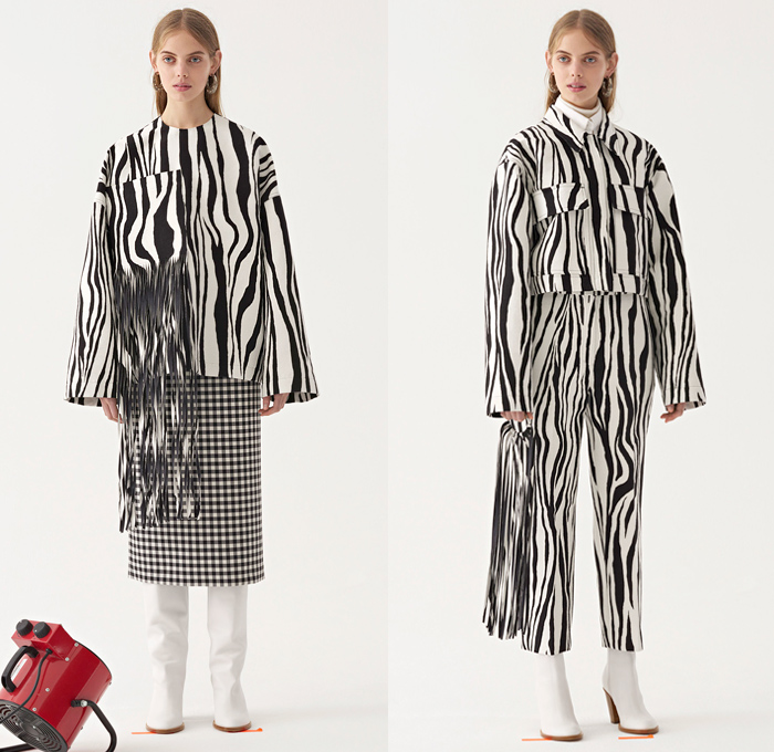 Ports 1961 2018 Pre Fall Autumn Womens Lookbook Presentation - Oversized Outerwear Trench Coat Long Overcoat Parka Blazer Double Triple Lapel Knit Blouse Sweater Shirtdress Cutout Sleeves Turtleneck Metallic Foil Leaves Foliage Metal Rings Fringes Leopard Zebra Stripes Stripes Checkerboard Picnic Check Buttoned Panel Ruffles Pleats Angular Handkerchief Hem Maxi Dress Elongated Hem Cropped Pants Boots Tote Handbag